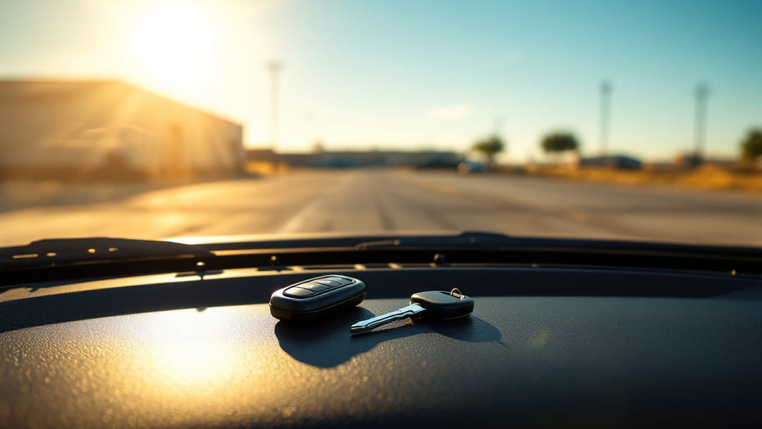 Llaves de carro sobre un tablero caliente bajo el sol intenso de un verano en Crowley Texas