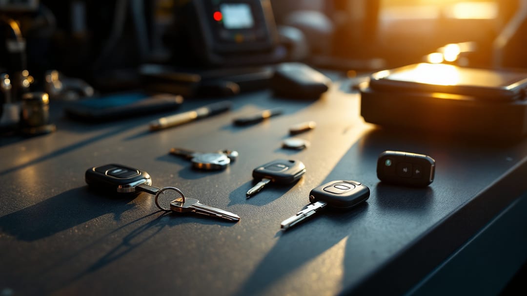 Llaves de carro con chip y smart key sobre una máquina de corte en Crowley Texas