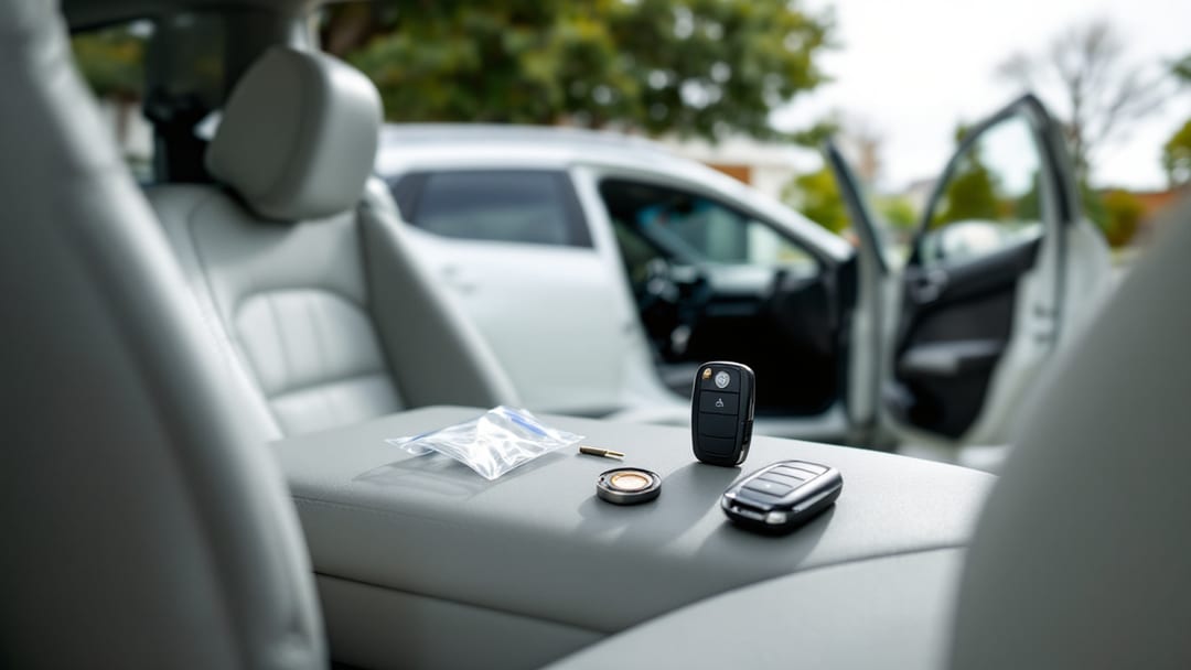 Key fob de Nissan Rogue abierto con la pila expuesta sobre la consola de una SUV compacta en Crowley