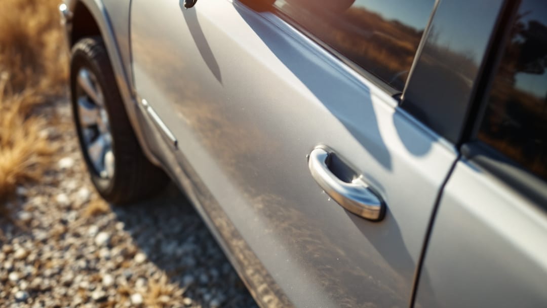 Key fob de una RAM 1500 sobre el estribo de una pickup estacionada en Crowley bajo luz de mediodía
