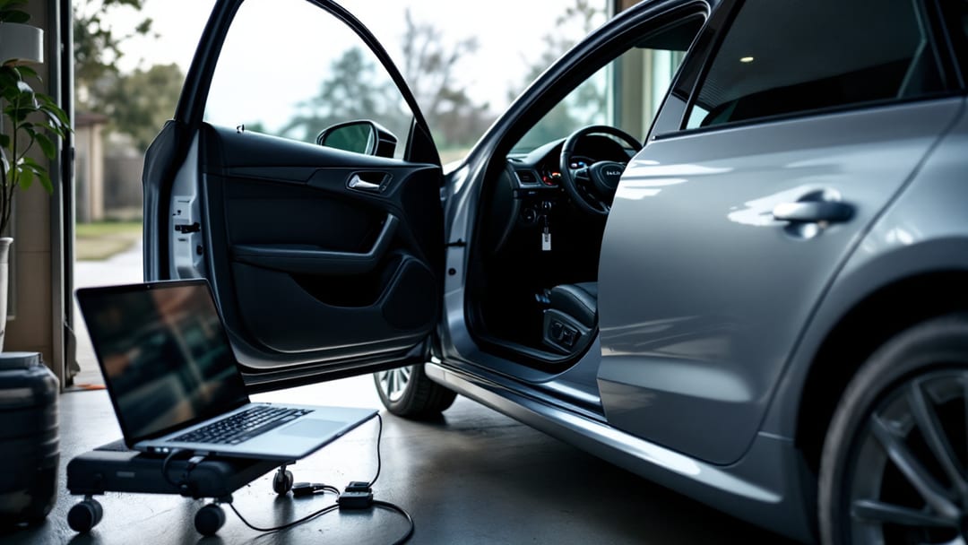 Llave de Audi sobre el asiento de piel de un sedán premium estacionado en una cochera de Crowley