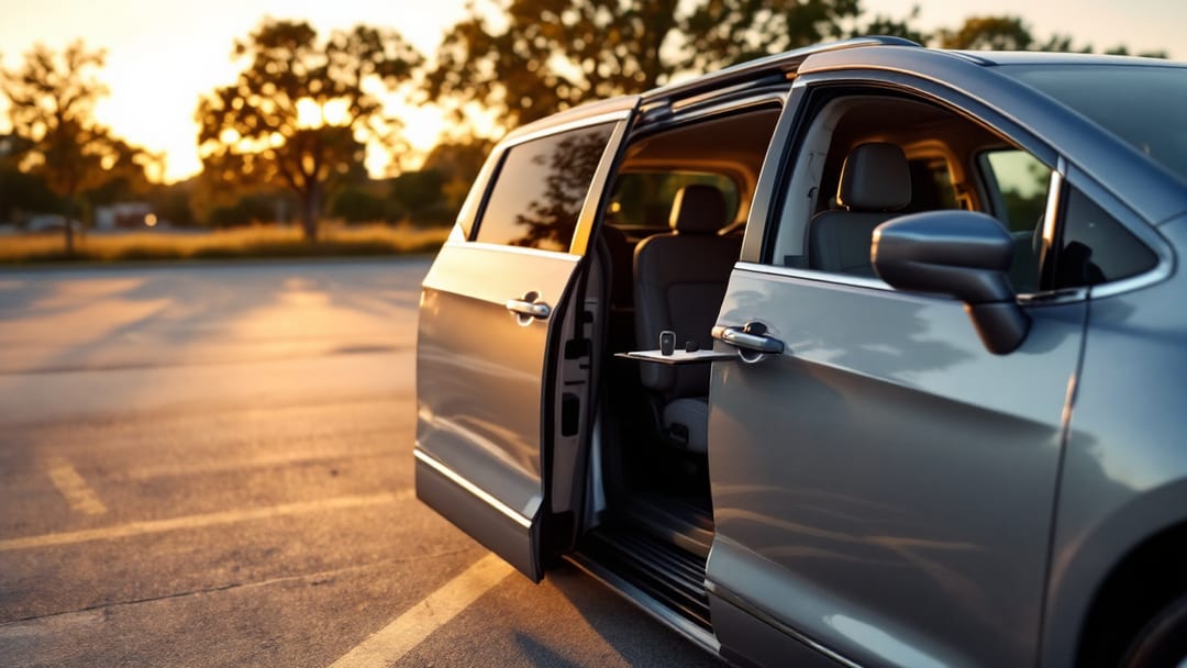 Smart key de Chrysler Pacifica junto a una minivan familiar en un estacionamiento de Crowley al atardecer
