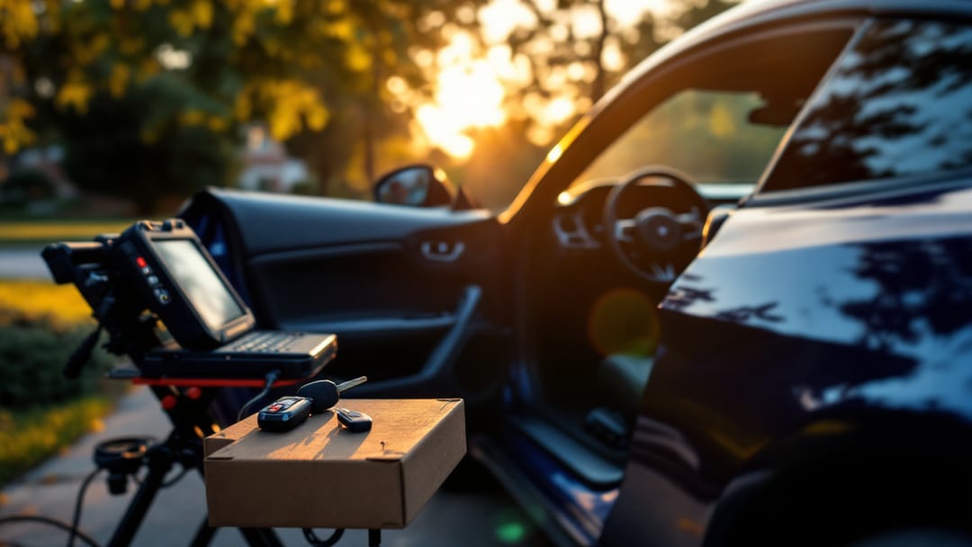 Llave con chip de un Ford Mustang sobre el asiento de un muscle car estacionado en Crowley al atardecer