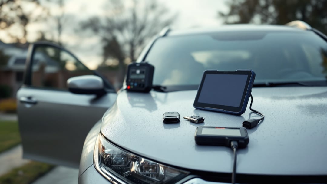 Key fob y llave transponder de Honda CR-V programándose con tablet OBD-II en una entrada de Crowley Texas