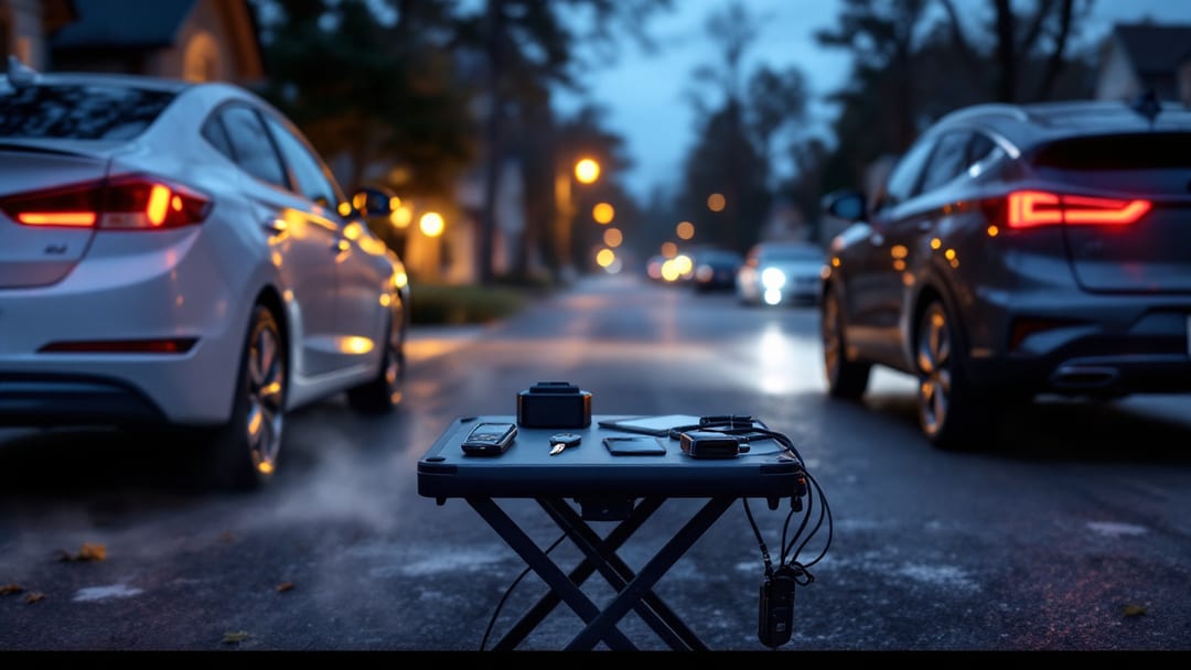 Smart key de Hyundai y llave con chip de Kia sobre una tablet de programación en una calle residencial de Crowley Texas al amanecer