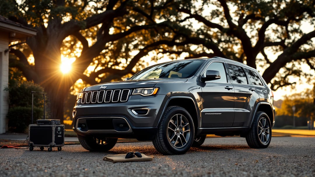 Llave inteligente de Jeep Grand Cherokee y programador OBD-II en una entrada de Crowley Texas durante la hora dorada