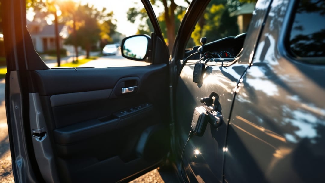 Smart key de Toyota Tacoma junto a una pickup en una calle de Crowley bajo el sol del mediodía