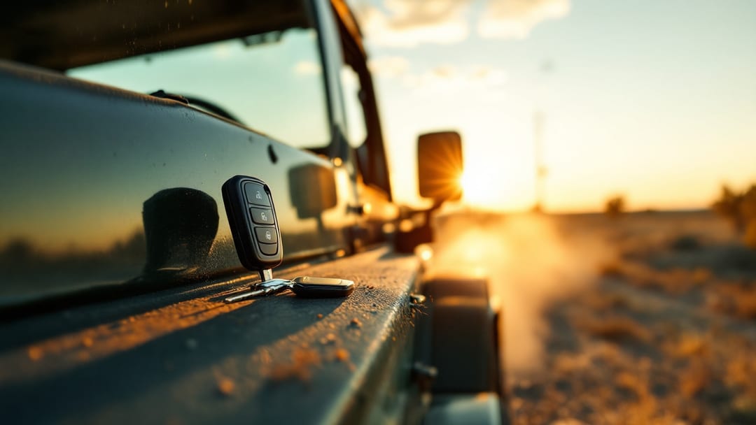Llave con chip de un Jeep Wrangler sobre el guardabarros de un Jeep verde estacionado en un camino de terracería cerca de Crowley