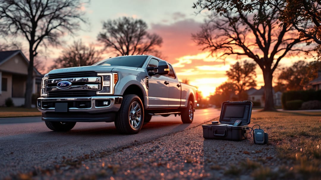 Llave smart key de Ford F-250 Super Duty siendo programada en una entrada de Crowley Texas al amanecer