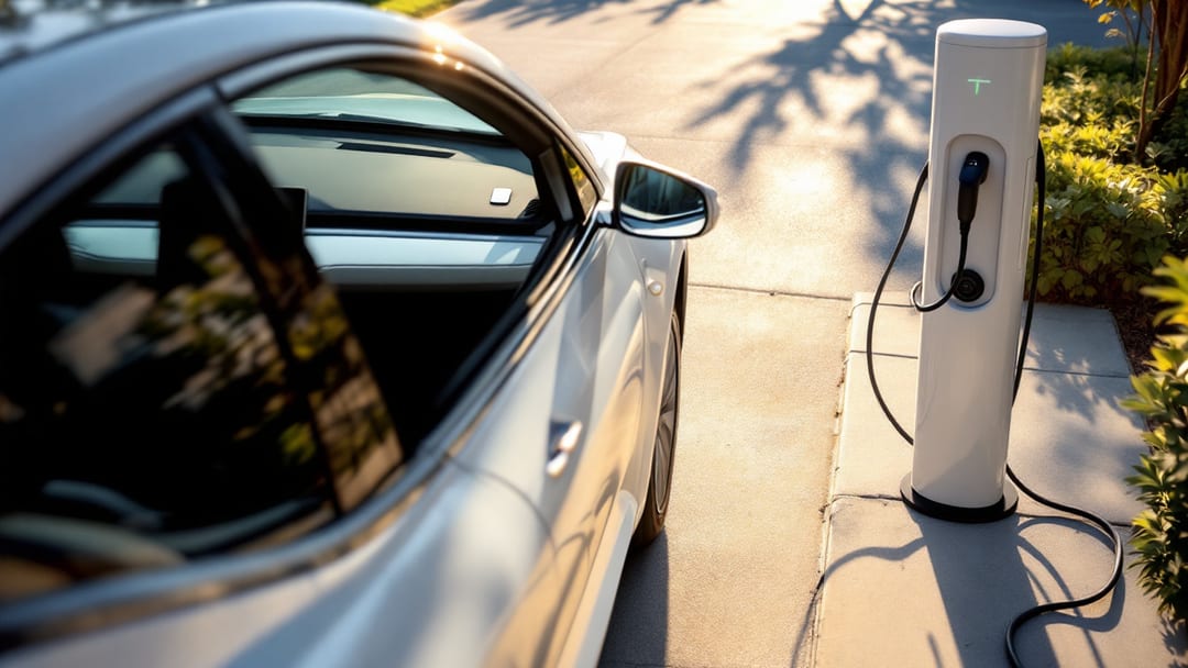 Tarjeta llave de un carro eléctrico sobre la consola central minimalista de un sedán EV estacionado en Crowley