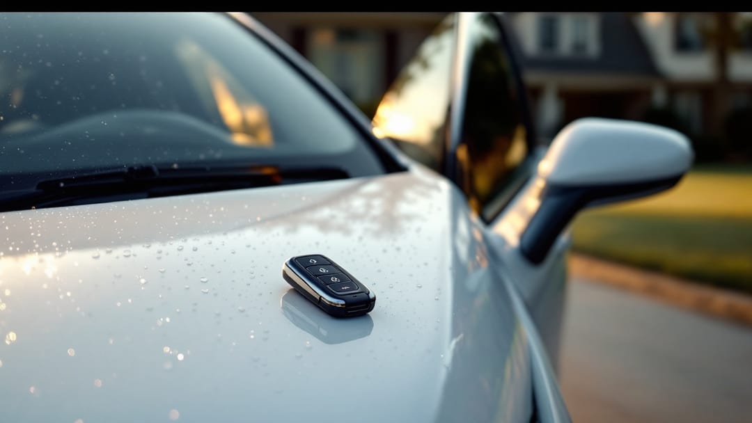 Smart key de Toyota Camry sobre el tablero de un sedán estacionado frente a una casa en Crowley por la mañana