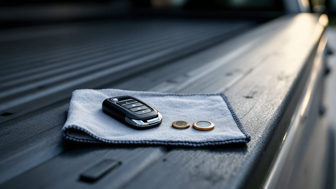 Key fob de GMC Sierra abierto con batería CR2032 al lado en una entrada de Crowley Texas