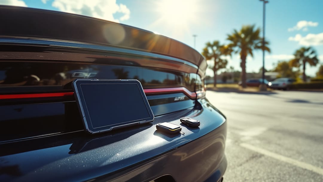 Smart key push-to-start de Dodge Charger junto a un programador OBD-II en un estacionamiento de Crowley Texas a mediodía