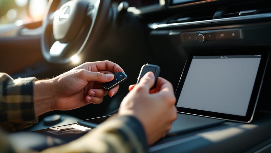 Smart key de proximidad de Lexus programándose con tablet de diagnóstico en un estacionamiento de Crowley Texas