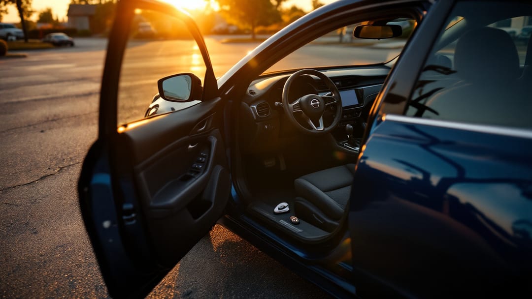 Nissan Intelligent Key de un Altima programándose con equipo OBD-II en un estacionamiento de Crowley Texas al atardecer