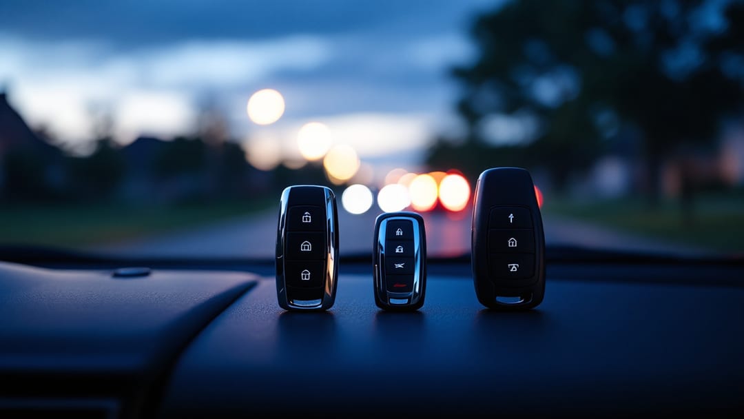 Comparación de una llave con chip transponder y un smart key de proximidad sobre el tablero de un carro en Crowley Texas
